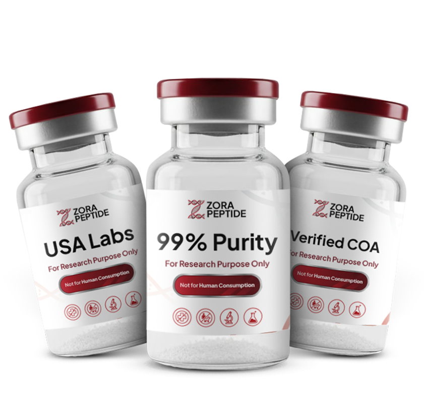 Three Zora Peptide research vials labeled USA Labs, 99% Purity, and Verified COA — for research purposes only.