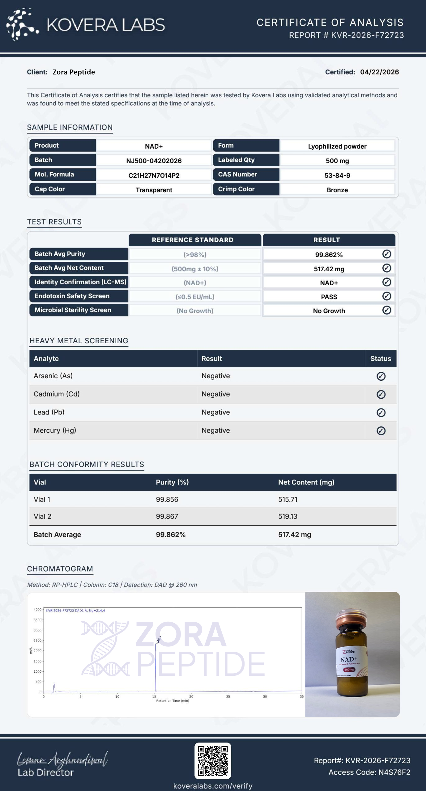 Lab report preview for NAD+ 500mg